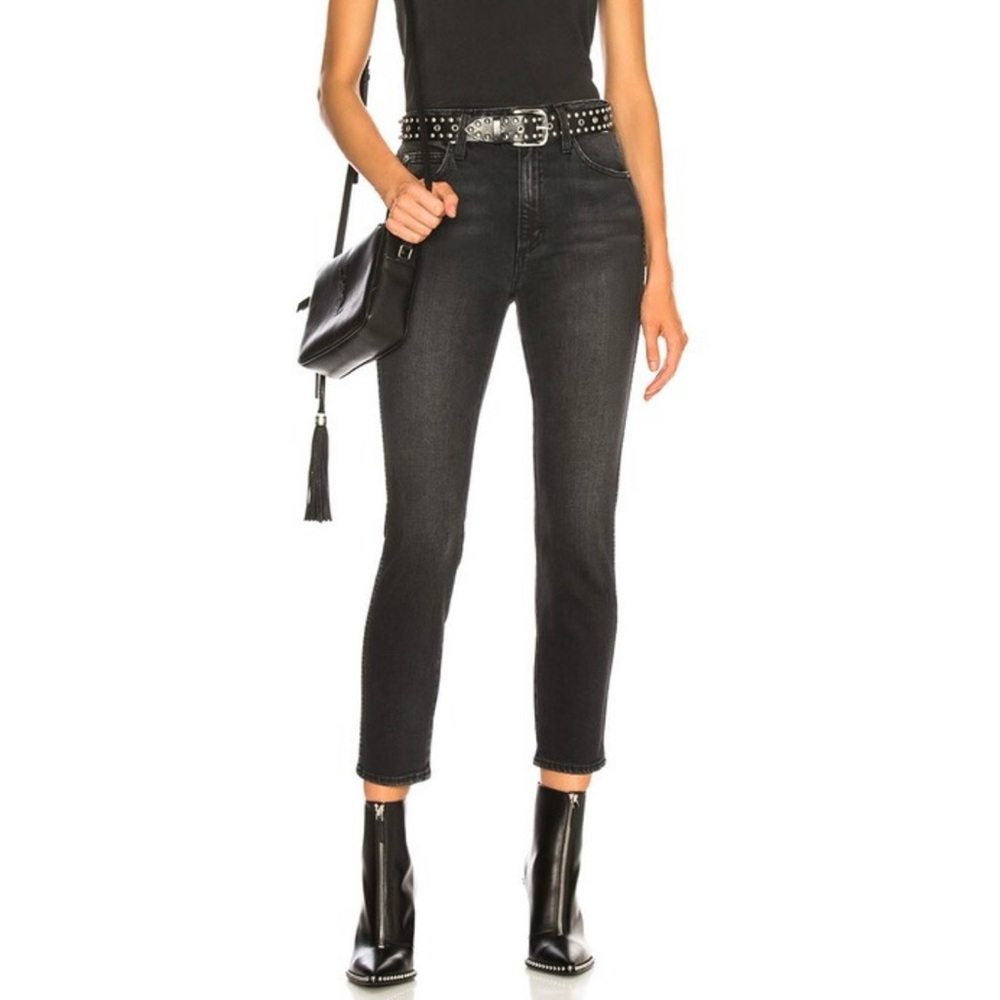 AMO Black Washed High Rise Stix Crop Ankle Jeans Chic Contemporary
